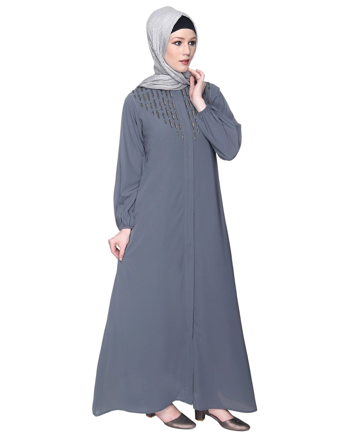 grey embroidered abaya for girls