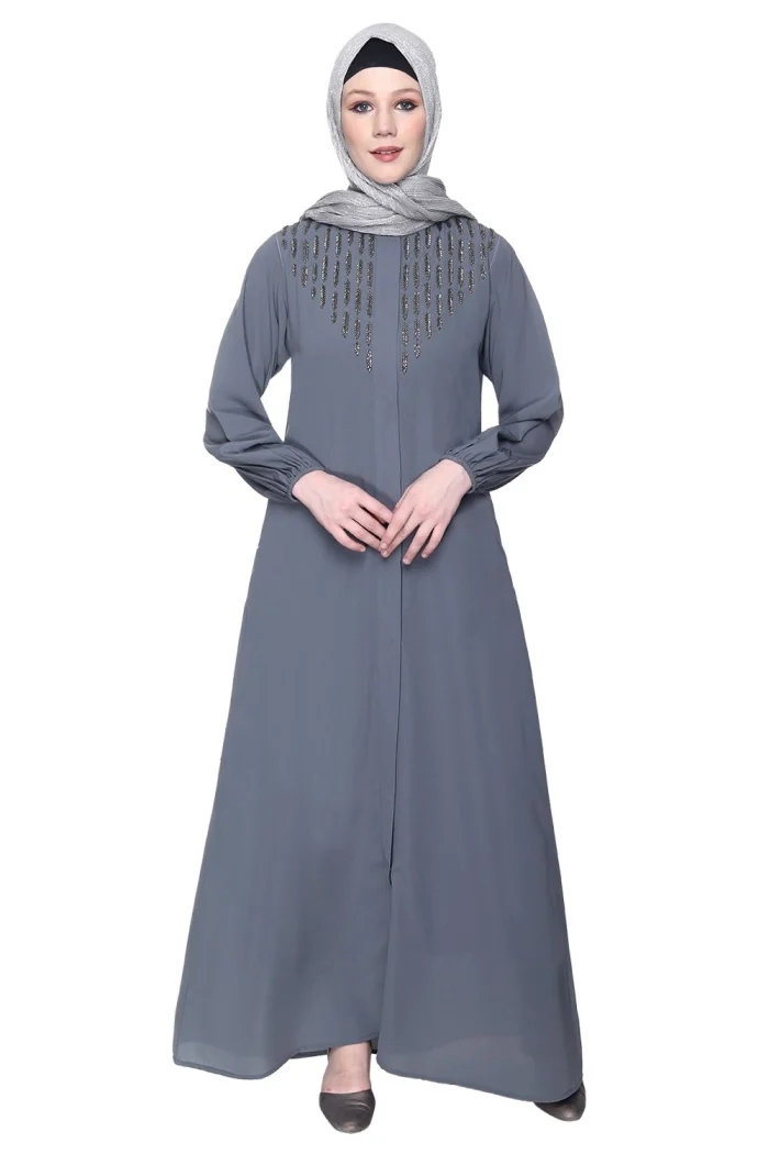 grey embroidered abaya for women