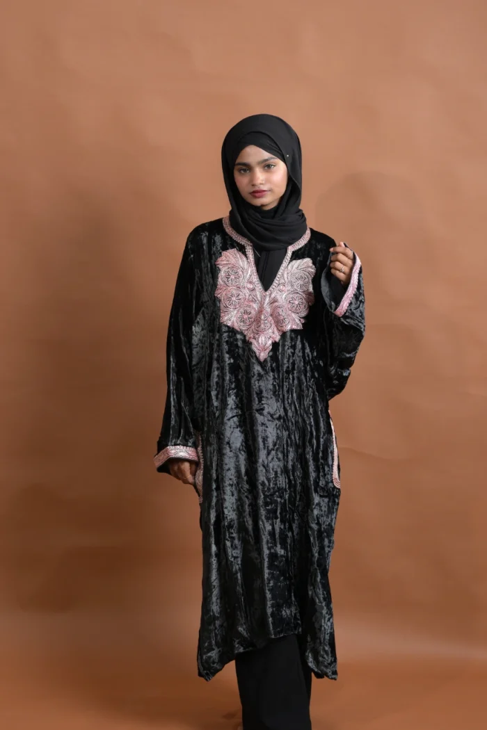 kashmiri black velvet pheran with zari