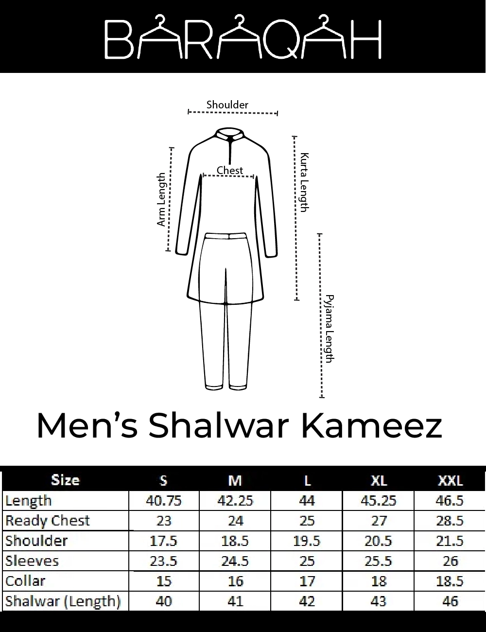 kameez shalwar size chart