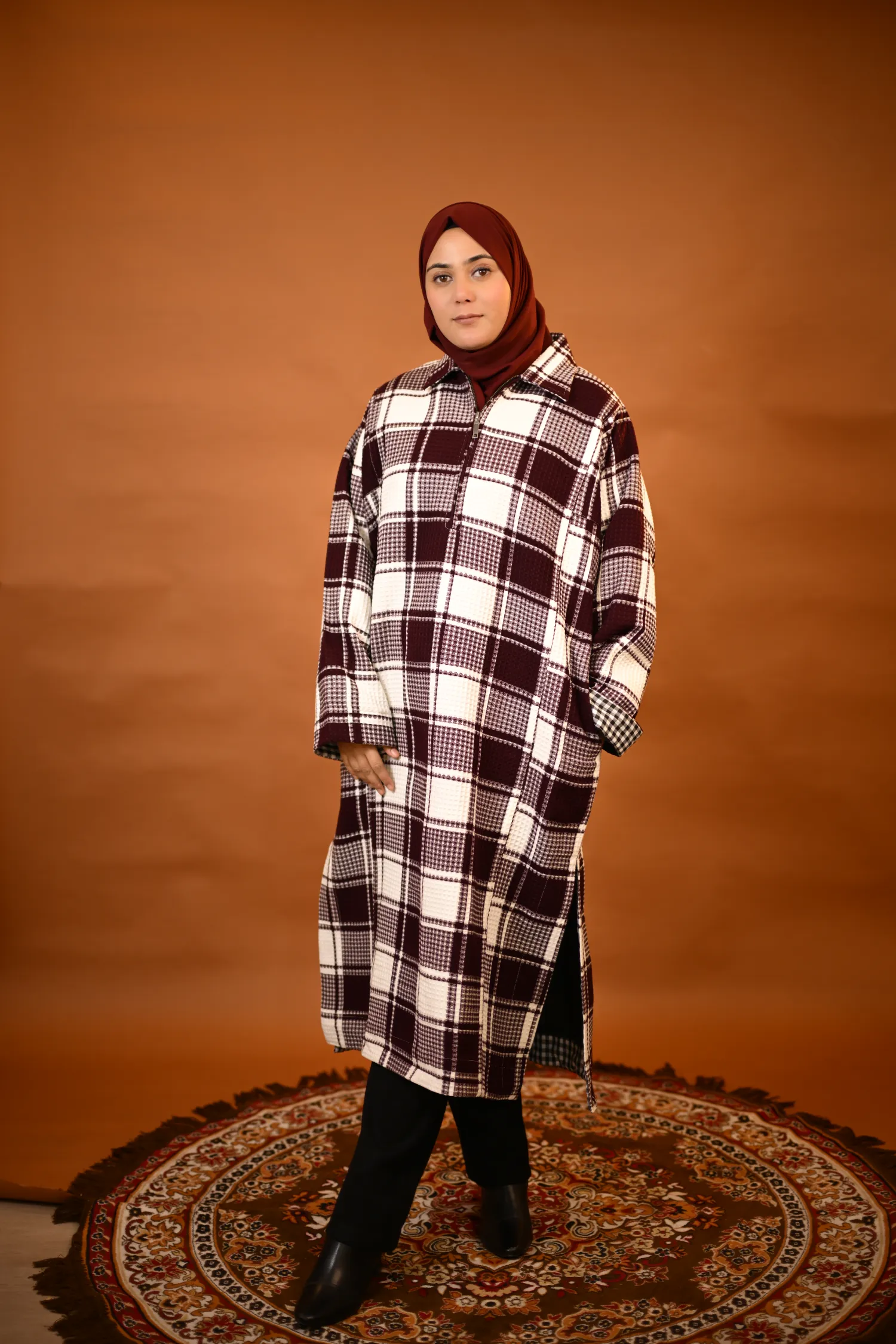 maroon checkered pheran for females
